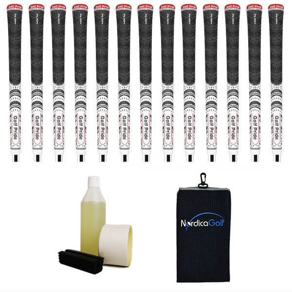 Golf Pride New Decade MultiCompound ALIGN White Ribbed Grippipakkaus- 13 grippiä, rubber vice clamp, neste, teippi, pyyhe